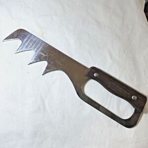 Vintage Japen Stainless Steel Roast Holder MCM Carving Aid Wood Handle Retro